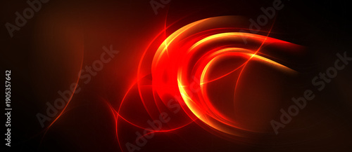 Abstract red energy lines swirl against dark background. Bright curves create dynamic visual impact, suggesting motion, power.