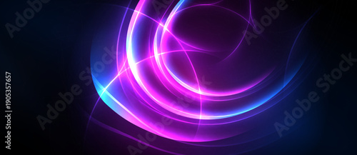 Abstract neon lights form swirling patterns. Vivid purple, blue hues dominate dark background. Dynamic energy radiates from central point.