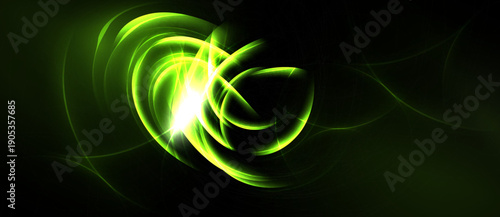 Bright green energy swirls, luminous lines radiate from central point. Dark background emphasizes vibrant glow, creating abstract design.