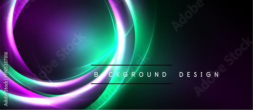 Abstract neon lights create dynamic curves, gradients. Dark background enhances vibrant purple, green hues. Modern design element.