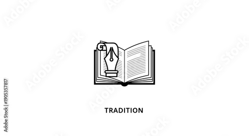 Open book with quill pen symbolizing tradition and knowledge.