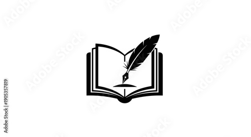Open Book with Quill Pen and Inkwell Icon.