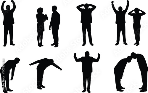 Business people silhouettes set expressing different emotions and body language isolated on white background, corporate stress, success, teamwork, communication, and professional office situations