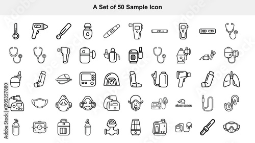 Collection of fifty black and white line icons representing medical and healthcare symbols