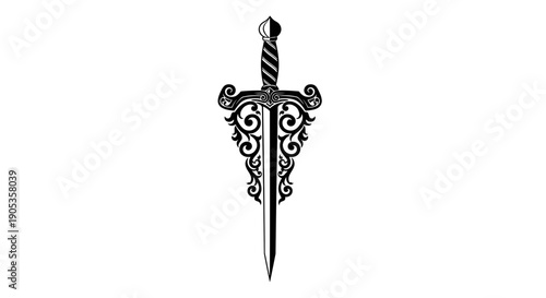 Ornate Medieval Dagger with Decorative Scrollwork Hilt.