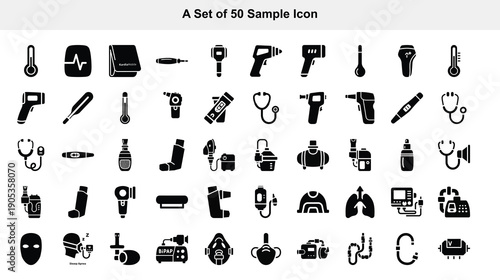 Collection of fifty simple black glyph icons representing various everyday objects