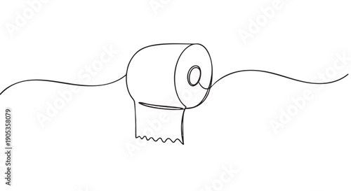 Single continuous line drawing of a toilet paper roll, illustrated with one unbroken black line in a minimalist and modern style, representing hygiene, sanitation, and household essentials
