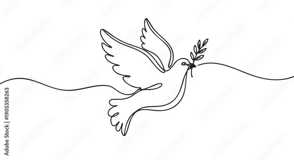 Obraz premium Flying dove with an olive branch drawn in a single continuous black line art style, representing a beautiful and minimalist symbol of peace, hope, and freedom