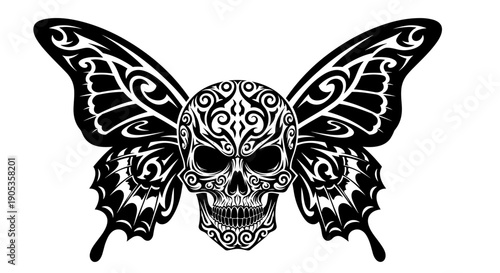 Ornate Skull with Intricate Butterfly Wings.