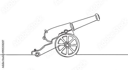 Vintage cannon with a large wheel is drawn in a minimalist continuous one line art style, showing the historical artillery weapon in a simple black and white illustration