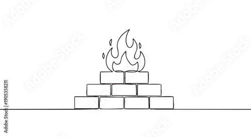 Continuous one line drawing of a fire burning on a pyre of stacked bricks in a minimalist, black and white sketch style representing warmth, energy, and combustion