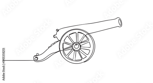 Old historical cannon with large wheels drawn in a continuous single line art style, presenting a minimalist and elegant graphic illustration for a clean, modern design