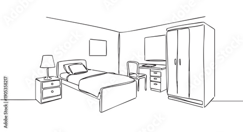 Hand-drawn bedroom interior sketch with a bed, nightstand, desk, chair, and wardrobe in a minimalist line art style, showing a simple and tidy room layout from a perspective view