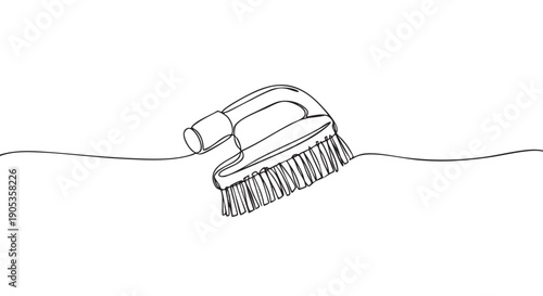 Cleaning hand brush with stiff bristles illustrated in a continuous single line drawing, a minimalist black and white sketch of a household scrubbing tool