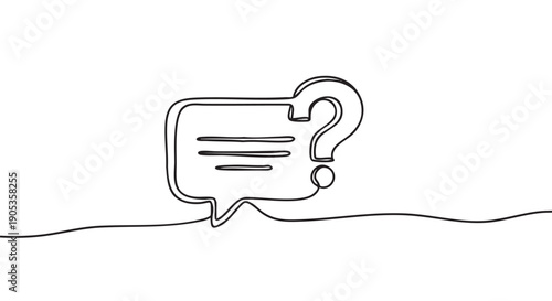 Continuous one line drawing of a speech bubble with a question mark, representing frequently asked questions, customer support, and online help desk concepts in a minimalist style