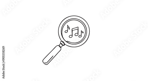 Black line art magnifying glass icon with musical notes inside the lens, symbolizing the concept of searching for, discovering, or analyzing songs, melodies, and audio