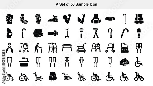 Collection of fifty black silhouette icons depicting various objects and symbols