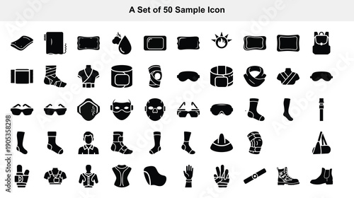 Collection of fifty black silhouette icons representing various objects and symbols