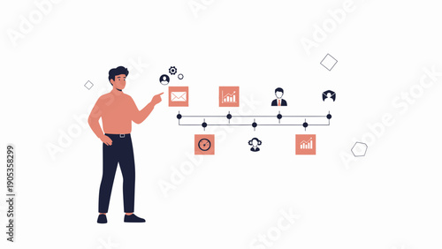 Man pointing at timeline with business icons, project management, planning concept