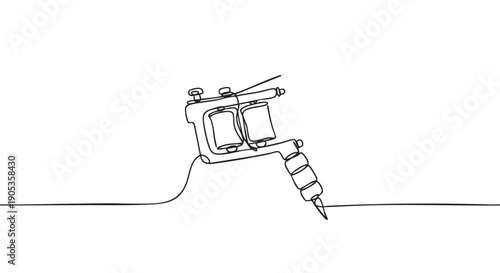 Continuous one-line drawing of a coil tattoo machine with a needle, rendered in a minimalist black and white style for a clean, modern aesthetic