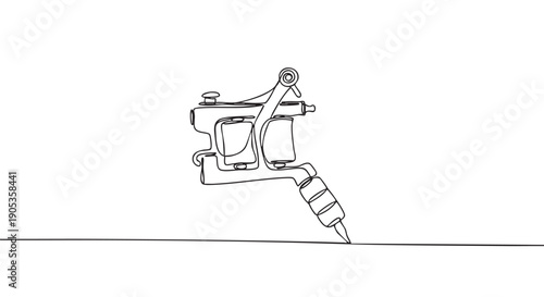 Tattoo machine drawn in a continuous single line art style, with the needle touching a surface, representing the minimalist and modern aesthetic of body art and creative design