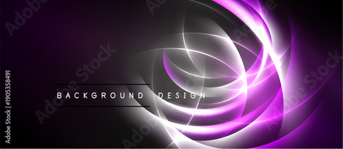 Abstract purple design features swirling light streaks. Background includes text background design. Dark shades dominate composition.