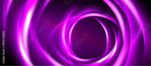 Abstract purple light swirls create circular patterns. Dark background emphasizes glowing concentric shapes, modern design.