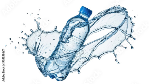 A clear plastic water bottle with a blue cap surrounded by splashing water isolated on transparent background