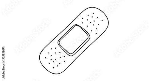 Single adhesive bandage plaster shown in a minimalist black and white line drawing style, featuring a sterile pad and perforated holes for concepts related to healthcare and injury