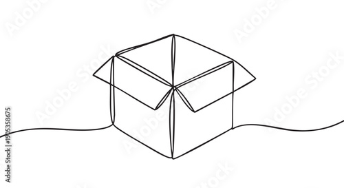 Open cardboard box drawn with a single continuous black line in a minimalist art style, a simple illustration representing shipping, delivery, and packaging