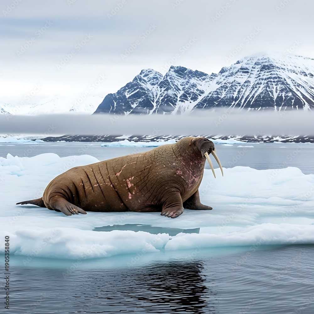 Naklejka premium Walrus on Ice Arctic.