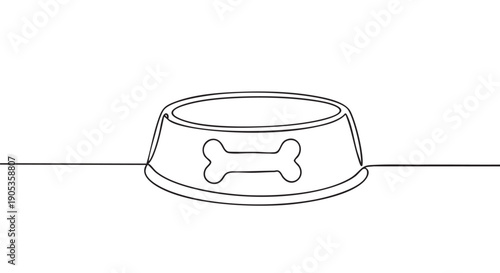 Empty dog food bowl with a bone symbol drawn in a single continuous black line, illustrating a minimalist and modern graphic design concept for pet supplies
