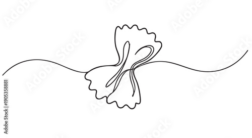 Farfalle pasta bow tie shape drawn in a single continuous line art style, creating a minimalist and elegant black and white graphic illustration for culinary or food concepts