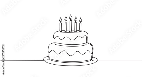 Festive two-tiered birthday cake illustration with five burning candles, created using a single continuous black line in a simple, minimalist, and elegant hand-drawn art style