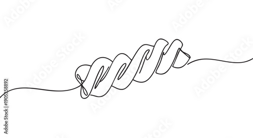 One continuous line drawing of twisted gemelli pasta in a minimalist black and white style, representing Italian cuisine and simple, elegant food illustration