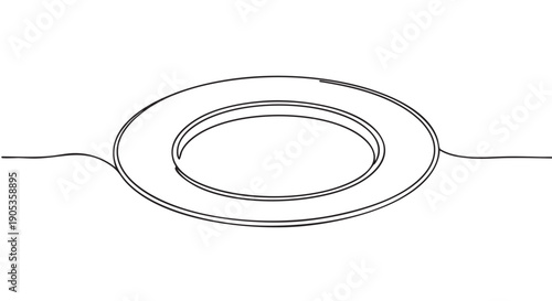 Empty round dinner plate rendered in a continuous one-line drawing style, showcasing a clean, minimalist aesthetic for modern culinary and tableware concepts