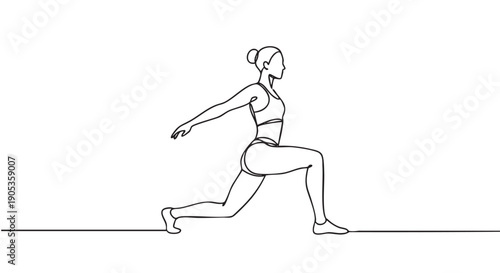 Continuous single line drawing of a woman doing a lunge exercise in a minimalist art style, representing fitness, health, and wellness with elegant simplicity and flowing form
