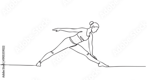 Continuous one line drawing of a woman practicing a yoga stretching pose, this minimalist black and white illustration represents wellness, balance, and a healthy lifestyle