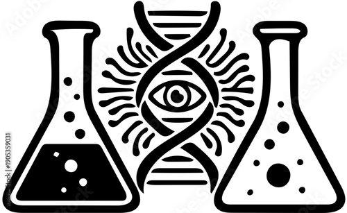 Graphic illustration of scientific observation and chemical research, featuring a central eye within a DNA helix flanked by two laboratory flasks with bubbling liquids
