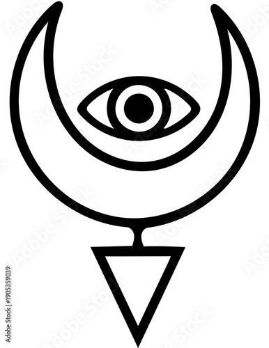 Abstract mystical symbol featuring an all-seeing eye within a crescent moon, connected to a downward-pointing triangle, representing enlightenment, insight, and cosmic connection in esoteric design