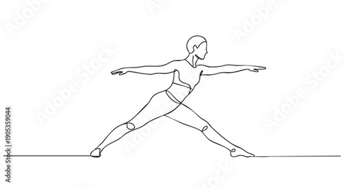 Continuous one line drawing of a woman in a warrior yoga pose, showing a minimalist and elegant black and white illustration of a person exercising for health and wellness