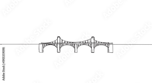 Continuous single line drawing of an arched bridge with two towers, rendered in a minimalist black and white style with a clean, modern aesthetic for a simple graphic concept