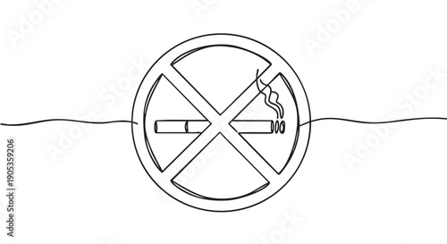 No smoking sign with a cigarette drawn in a continuous single line art style, a minimalist black and white illustration representing prohibition and a healthy lifestyle choice