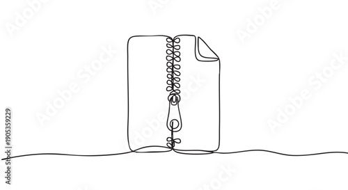 Zipped file icon with a dog-eared corner drawn in a single continuous black line, representing data compression, archiving, and digital document management in a minimalist style