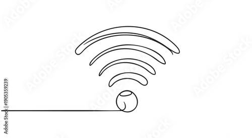 Continuous single line drawing of a Wi-Fi symbol representing internet connectivity and modern technology, rendered in a minimalist black and white artistic style