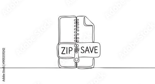 Compressed document icon with a zipper and the words ZIP and SAVE, drawn in a minimalist one line art style, symbolizing data compression, archiving, and digital file storage