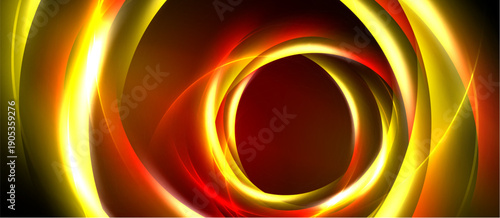 Abstract design features concentric glowing circles, vibrant orange, yellow hues against dark background. Dynamic energy radiates from center.
