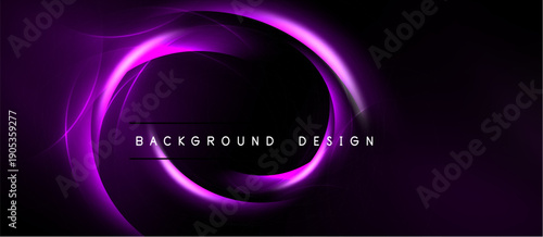 Abstract purple swirls form circular design over black background. Text reads background design centered within shape. Minimalist, modern aesthetic.