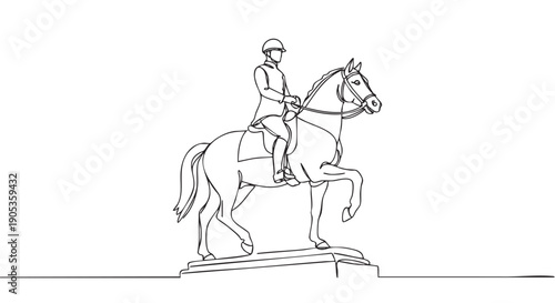 Equestrian statue of a rider on a horse, drawn in a continuous single line art style with minimalist black outlines on a pedestal, showing a classic formal pose