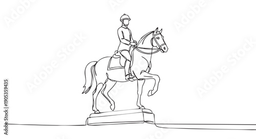 Equestrian statue of a uniformed rider on a horse, rendered in a minimalist black and white continuous single line drawing style standing on a pedestal
